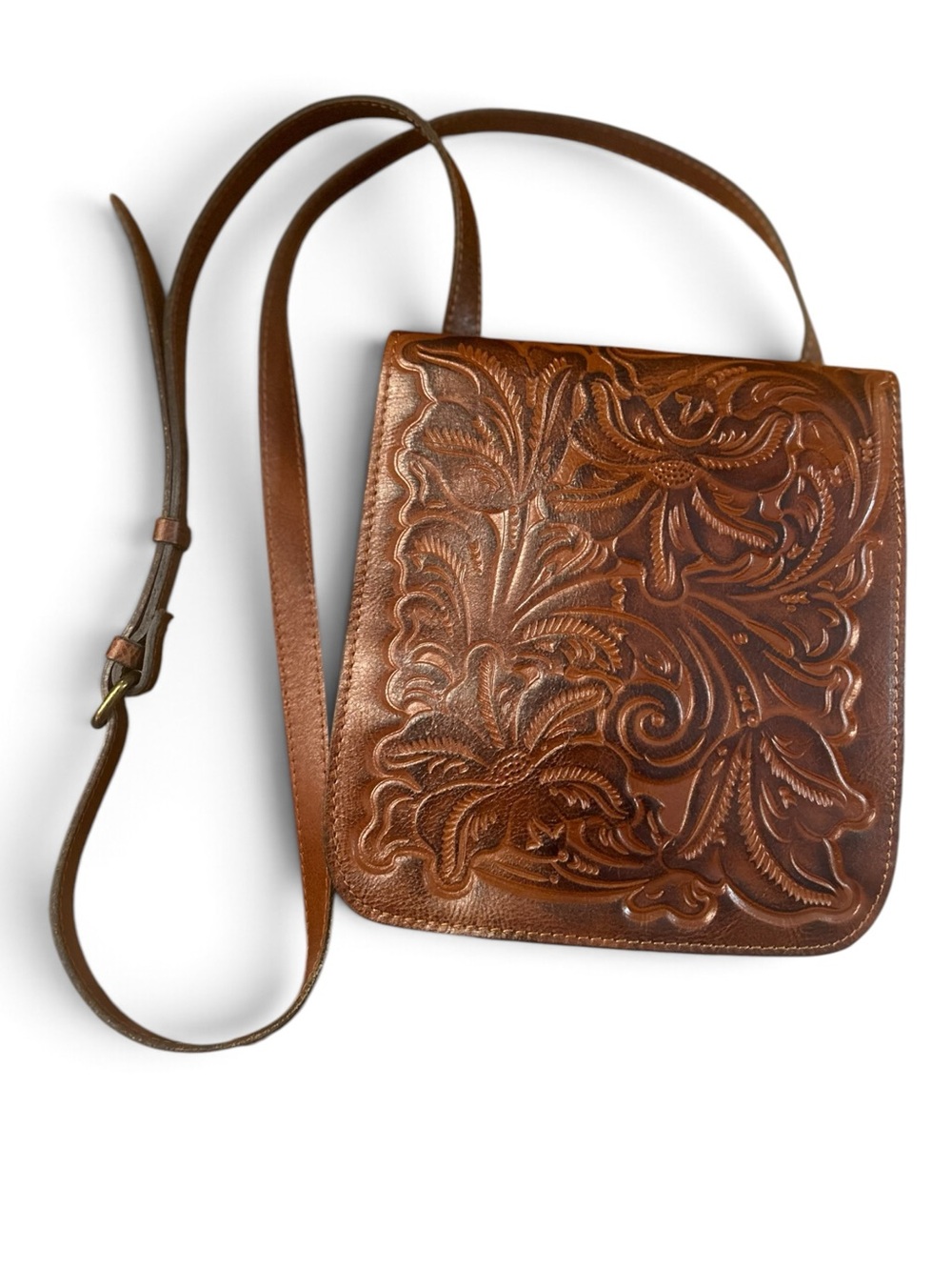 Patricia Nash Granada Florence Tooled Full Grain Leather Crossbody Bag Brown